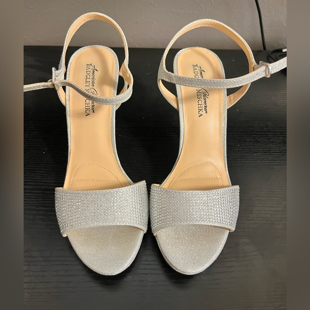 Women’s size 7.5 silver jeweled heels by American glamour